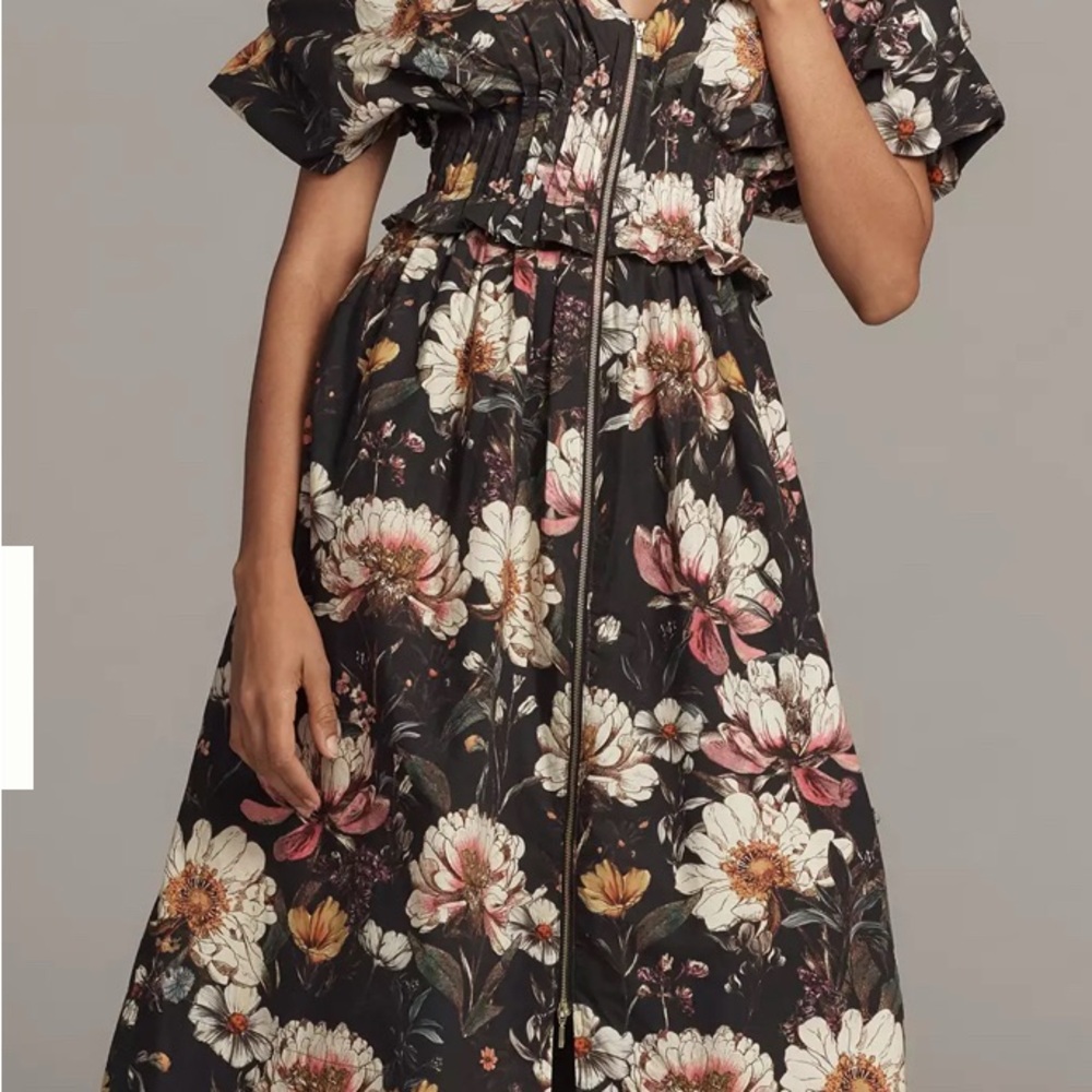 Anthropologie V-Neck Zipper Floral Black Dress Size Medium Easter Brunch